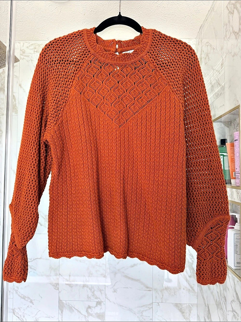 Sam Edelman Open Knit Crew Neck Sweater Rust Large
